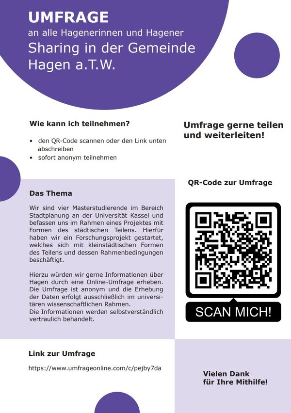 Umfrage zum Thema "Sharing in der Gemeinde Hagen a.T.W." Flyer Umfrage zum Thema "Sharing in der Gemeinde Hagen a.T.W." Flyer